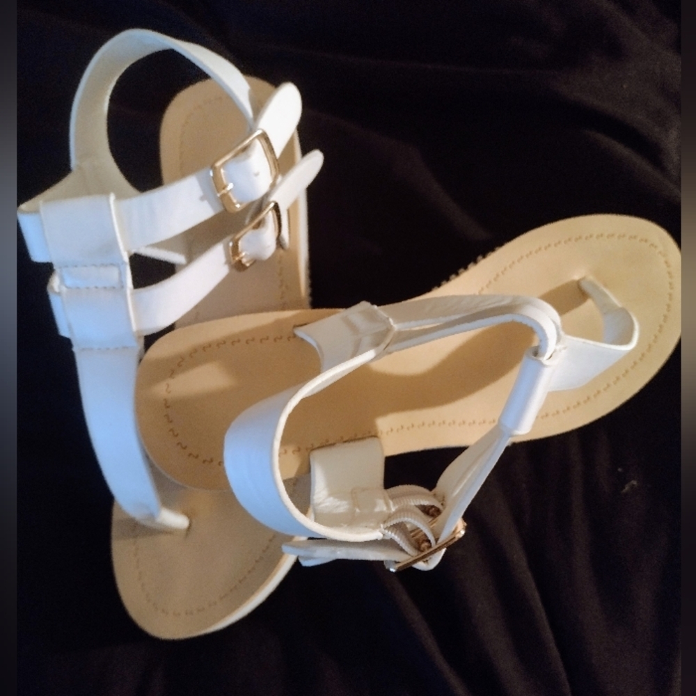 White double buckle wedge sandals